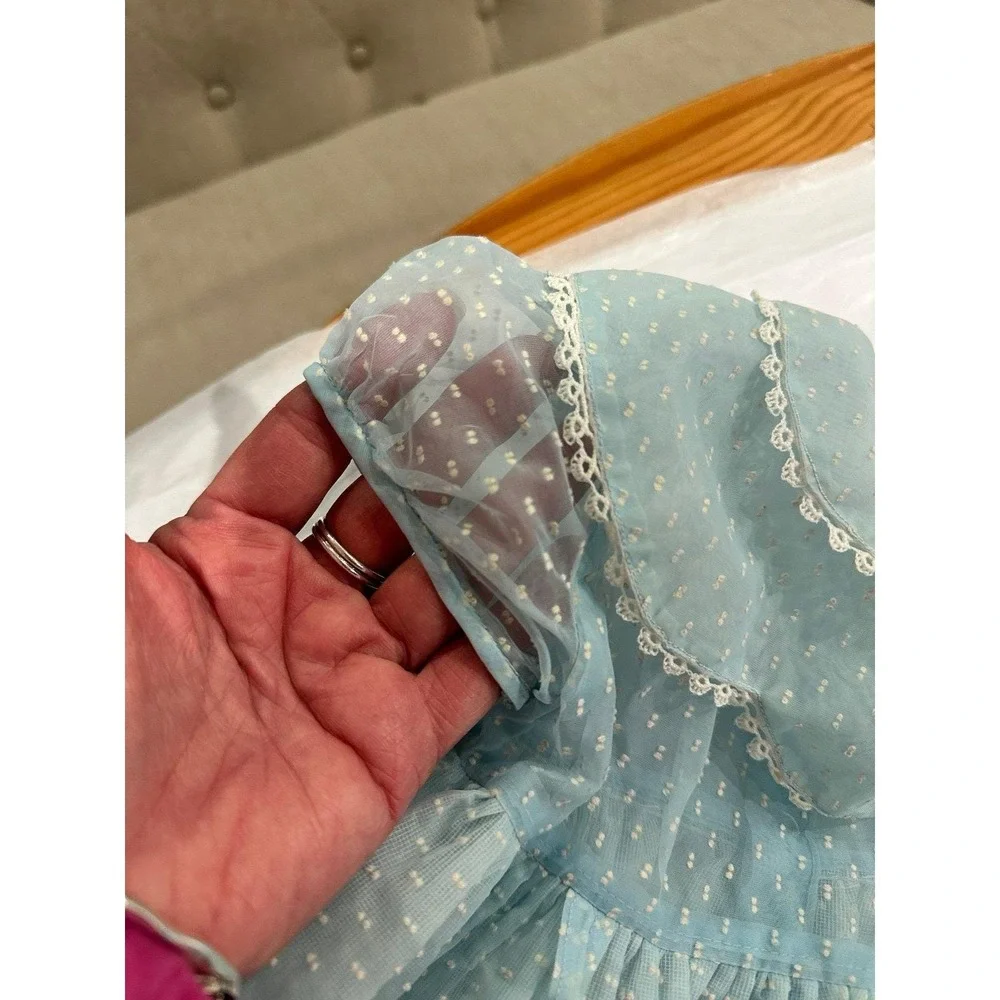 Vintage Baby Dress Blue Dotted with Crinoline 1970's Size 18 months